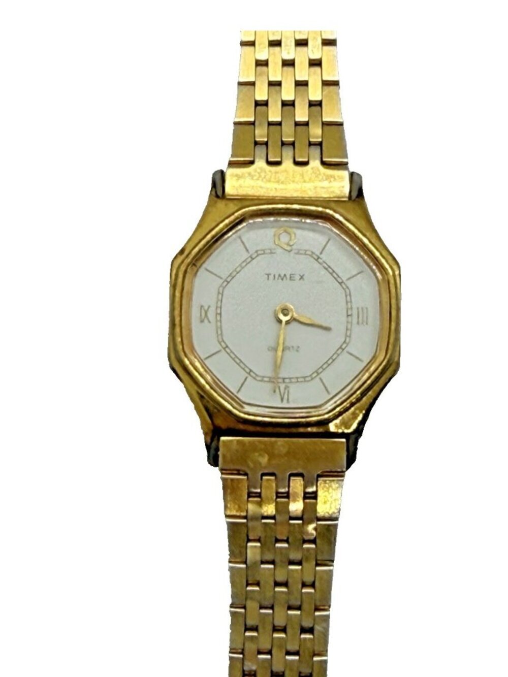 Vtg Timex Women Quartz Hexagon Watch White Dial Gold Tone Bracelet Roman Numeral